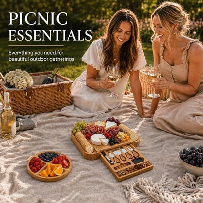 Charcuterie Boards - Large Bamboo Cheese Board & Knives, Housewarming Gift | Hidden Slide Out Drawer Holds The Cutlery Set, Deep Edge Groove Keeps Crackers, Nuts And Olives In Place, Easy To Wipe Clean