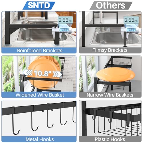 SNTD Over The Sink Large Dish Drying Rack, Metal, 26.8"-34.6", Black | Adjustable Length, Rust-Resistant, Utensil Holder, Cup Holder, Cutting Board Holder, Knife Holder, Sponge Holder and Hooks