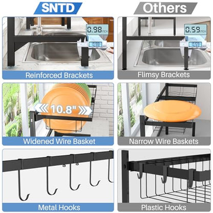 SNTD Over The Sink Large Dish Drying Rack, Metal, 26.8"-34.6", Black | Adjustable Length, Rust-Resistant, Utensil Holder, Cup Holder, Cutting Board Holder, Knife Holder, Sponge Holder and Hooks
