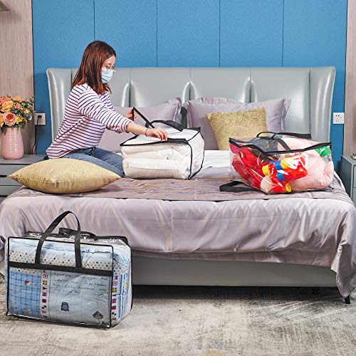 Clear Clothes Storage Bag Organizer with Reinforced Handle, Vinyl Storage Bags for Comforter, Blanket, Bedding, Toys, Transparent Moving Totes with Sturdy Dual Zippers, 3 Pack, 55 L, Black