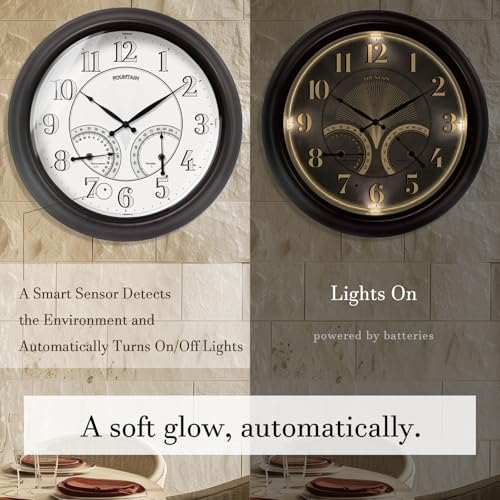 18" Illuminated Outdoor Clocks for Patio Waterproof | Adjustable Thermometer & Hygrometer,Oil Rubbed Bronze Black, IP65 Weatherproof & Easy to Read for Patio,Pool & Home Decor