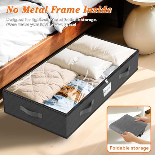 90L Under Bed Storage Containers, Storage Bags, Organizers, 2-Pack, Gray | Foldable, Soft Fabric, Closet Organizers, Reinforced Handle, Label Holder, Clear Window, for Comforters, Clothing, Blankets