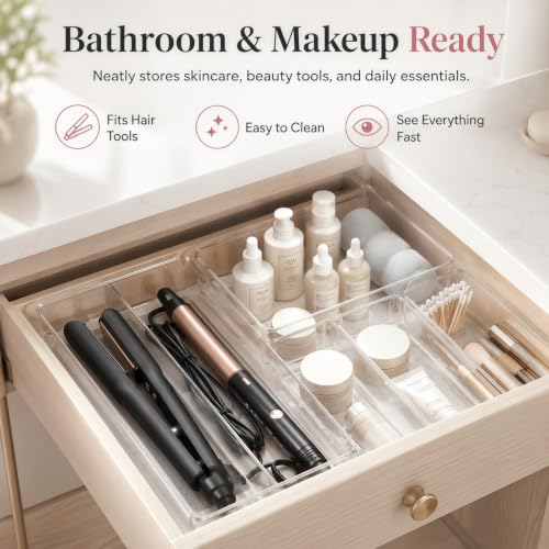 8 Pack Large Clear Plastic Drawer Organizer Bins - Acrylic Bathroom Drawer Organizer Trays - Heavy Duty Kitchen Drawer Dividers for Utensils - Non-Slip Storage Bins for Makeup, Bedroom, Office Desk