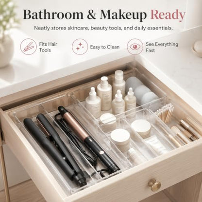 8 Pack Large Clear Plastic Drawer Organizer Bins - Acrylic Bathroom Drawer Organizer Trays - Heavy Duty Kitchen Drawer Dividers for Utensils - Non-Slip Storage Bins for Makeup, Bedroom, Office Desk