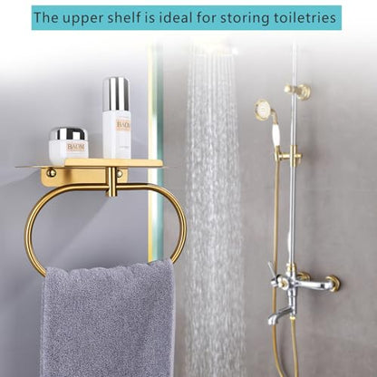 Towel Ring with Shelf, Heavy Duty Stainless Steel Bathroom Hardware, Adhesive No-Drill or Drill Mount Wall Mounted Towel Holder for Bathroom and Kitchen (Gold)