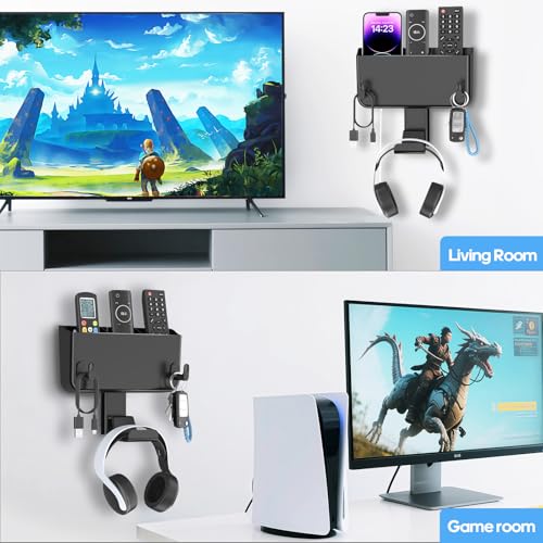 Adhesive Remote Control Holder Wall Mount with Headset Hanger, 3 in 1 Organizer TV/Fan Remote Caddy with Hook for Headphone, No Drill Controller Storage Bracket, Bed Wall Rack