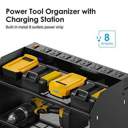 CCCEI Wall Mount Modular Tool Charging Organizer, Black, 1 Pack, 3 Tier. | Drill Battery Storage Rack with Hooks, Garage Workshop, Gifts for Men, Dad, Husband Anniversary, Birthday, Christmas