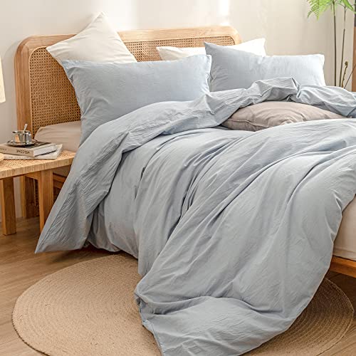 BESTOUCH Cotton Solid Duvet Cover Set Linen Feel Cornflower Blue Queen | Washed Cotton, Linen Feel, Soft Wrinkle Texture, Hidden Zipper, 8 Ties, Breathable Lightweight Durable Comfy, 3Pcs No Insert