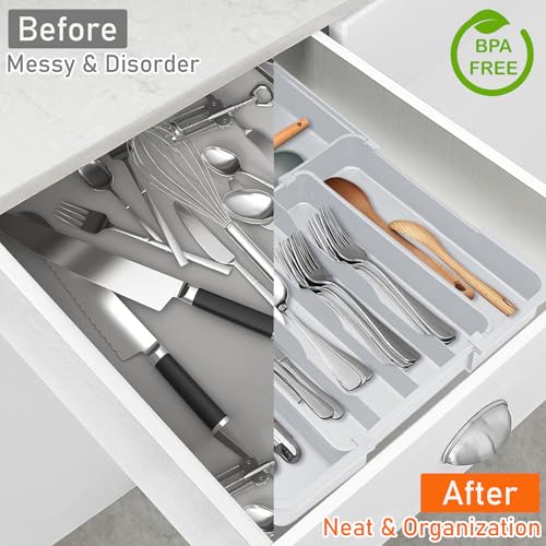 Silverware Drawer Organizer Tray, Adjustable Cutle... (Grey | Polypropylene)