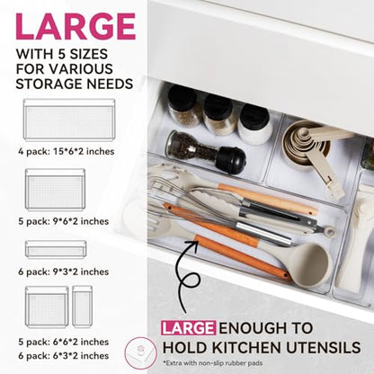 Large Drawer Organizer Bins 26 Pack | Complete 5 Size Clear Plastic Kitchen Drawer Organizers for Utensils | Bathroom Drawer Organizer Trays | Versatile for Makeup Office Organization