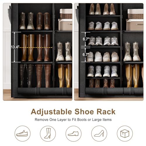 9 Tier Shoe Rack with Cover, Cabinet for 55 Pairs, Black | Large family capacity for boots/heels/sneakers. Reinforced stability. Slim footprint, corner-friendly. Quick no-tool setup.