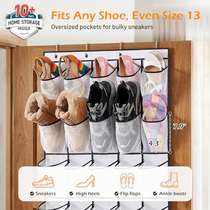MISSLO 35 Large Pockets Over The Door Shoe Organizer Sturdy Oxford Fabric Hanging Shoe Rack for Door Mesh Closet Shoe Holder Hanger, White