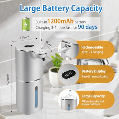 Automatic Foaming Soap Dispenser with Digital Display, 6-Level Foam Adjustable, Rechargeable, 12.8oz/ 380ml Wall Mounted Touchless Hands Free Auto Dispenser for Kitchen, Bathroom, Hotel, Restaurant