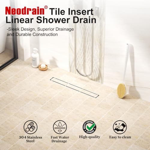 Neodrain 24 inch Linear Shower Drain-Brushed Nickel Tile-in Floor Drain | 304 Stainless Steel Linear Drain, Fast Drainage Rectangle Hidden Shower Trench, Easy Clean & Hair Catcher,cUPC Certified