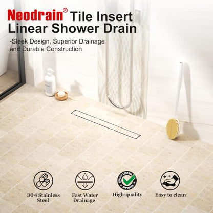 Neodrain 24 inch Linear Shower Drain-Brushed Nickel Tile-in Floor Drain | 304 Stainless Steel Linear Drain, Fast Drainage Rectangle Hidden Shower Trench, Easy Clean & Hair Catcher,cUPC Certified