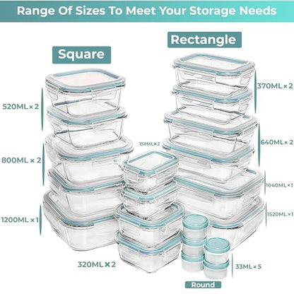 Razab 35 Pc Set Glass Food Storage Containers with Lids - Meal Prep Airtight Bento Boxes BPA-Free 100% Leak Proof (15 lids,15 glass & 5 Plastic Sauce/Dip Containers)