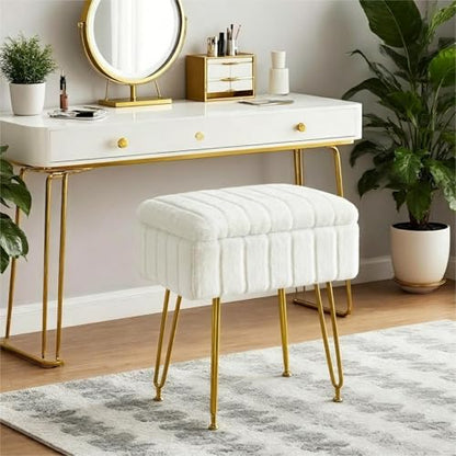 FUXA Vanity Stool Chair with Storage, Faux Fur and Metal Legs, White | Soft Padded Seat, Anti-Slip Adjustable Feet, Modern Style, Multifunctional for Bedroom and Entryway