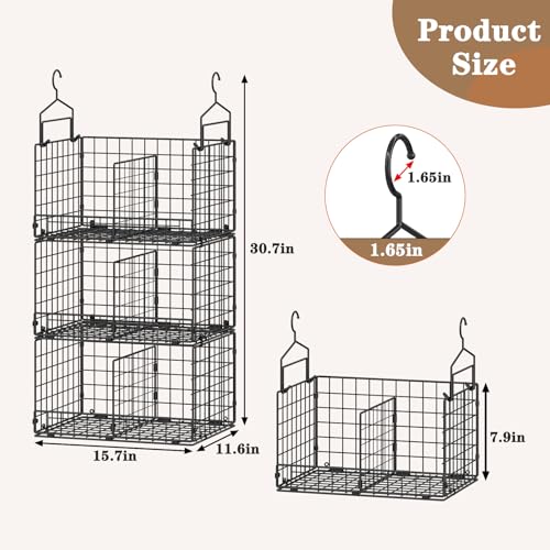 3-Tier Extra Large Closet Hanging Organizer with Dividers, Clothes Hanging Shelves with 2 Hanging Hooks & 5 S-Hooks, Wire Storage Baskets for Sweaters, Shoes, Handbags & Accessories