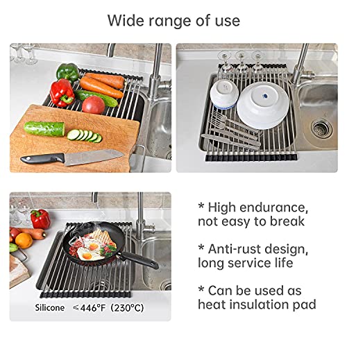 Large Telescopic Drain Rack Roll Up Rack Heat-Resistant Dish Drainer Kitchen Sink Rack Over the Sink Dish Drying Rack Stainless Steel Dish Rack (18 Tube 21.25''x12.79'')