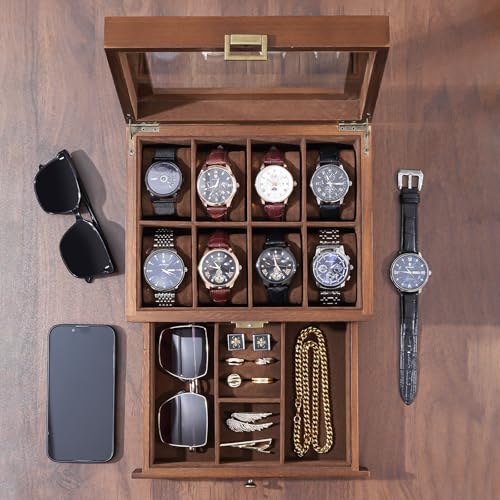ProCase Wooden Watch Case, 8 Slot Mens Watch Box with Drawer, 2-Layer Mens Jewelry Box Storage Holder Organizer Display Case, Fathers Day Gift, Anniversary Birthday Gifts for Men Women -8 Slot, Brown