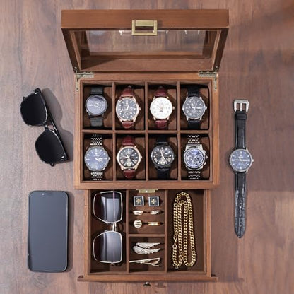 ProCase Wooden Watch Case, 8 Slot Mens Watch Box with Drawer, 2-Layer Mens Jewelry Box Storage Holder Organizer Display Case, Fathers Day Gift, Anniversary Birthday Gifts for Men Women -8 Slot, Brown