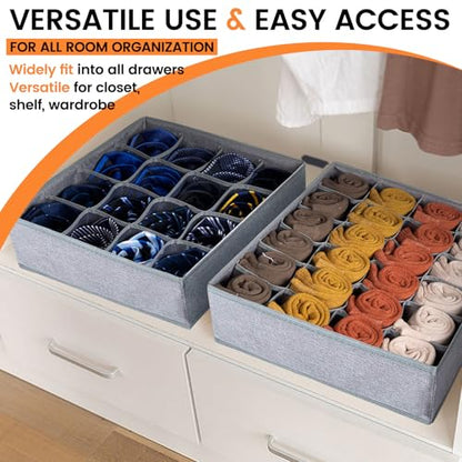 3 Pack Sock Underwear Drawer Organizer Dividers, 64 Cell Fabric Foldable Dresser Organizer for Closet Organizers and Storage Boxes for Organizing Socks, Underwear, Ties (16+24+24 Cell, Gray)