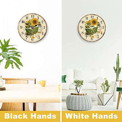 TAHEAT 14 Inch Beautiful Sunflower Wall Clock, Vintage Country Floral Silent Non Ticking Clocks, Wooden Round Easy to Read Wall Clock for Kitchen/Living Room/Bedroom/Bathroom