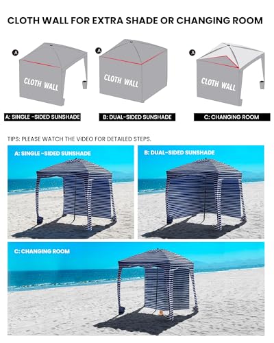 Beach Cabanas for Sand, Beach Canopy with Sandbags & Changing Room 6' | 6' x 6' for 3-4 Person, Detachable Side Wall, Storage Pockets, Easy Set Up Sun Shelter, UPF 50+ & Roof Vent, Jervis Bay