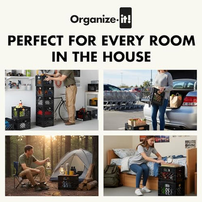 4 Pack Storage Milk Crate, Heavy-Duty Versatile Box, Black | Plastic Open Top Multi-purpose Organizers with Easy-Grip Handles, Interior 12.25"L x 12.25"W x 10.5"H