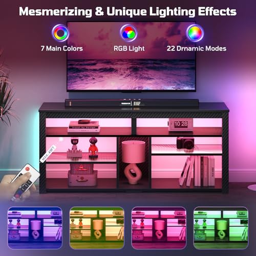 Bestier Gaming LED TV Stand with Storage, 65 Inch, Carbon Fiber Black