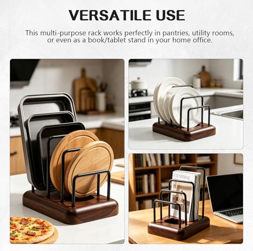 Chopping Board Rack with Walnut Base – 3 Slot Wood Cutting Board Holder Pot Lid Stand, Baking Trays Pans Plates Cabinet Storage Divider Accessory for Home Countertop Kitchen Storage & Organizer