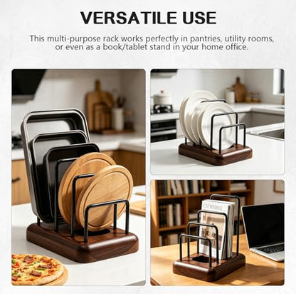 Chopping Board Rack with Walnut Base – 3 Slot Wood Cutting Board Holder Pot Lid Stand, Baking Trays Pans Plates Cabinet Storage Divider Accessory for Home Countertop Kitchen Storage & Organizer