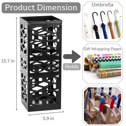 Metal Umbrella Holder Stand for Entryway, Square Umbrella Organizer, Walking Sticks Storage Bin Freestanding for Home, Office, Hotel, Black, 5.9 x 5.9 x 15.7 Inches