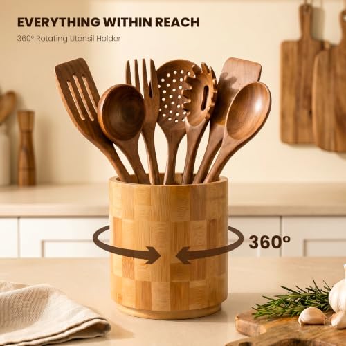 360° Rotating Checkered Bamboo Utensil Holder for Countertop | 6.5" Large Capacity, Kitchen Utensil Crock Organizer for Spatulas & Spoons