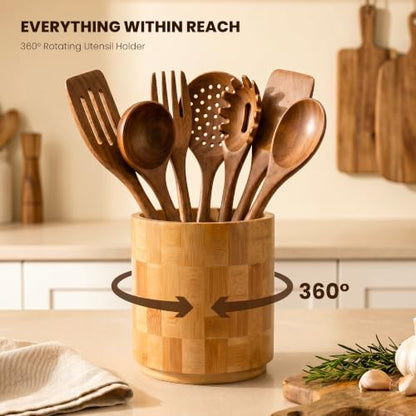 360° Rotating Checkered Bamboo Utensil Holder for Countertop | 6.5" Large Capacity, Kitchen Utensil Crock Organizer for Spatulas & Spoons