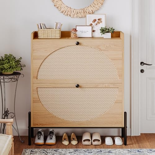 IRONCK Rattan Shoe Cabinet Storage with 2 Flip Drawers, Oak | Free Standing Wooden Shoe Storage Organizer Cabinet with Rattan Doors for Entryway, Narrow Shoe Rack Cabinet