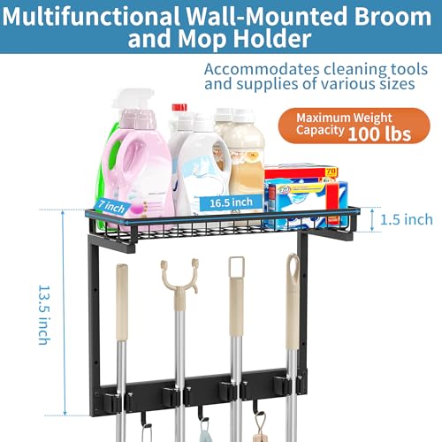 XLP Heavy Duty Broom Holder Wall Mount, All-Metal Cleaning Supplies Organizer & Mop Holder, Space Saving Wall Hanging Rack with Hooks for Home, Garage, Laundry Room - Black