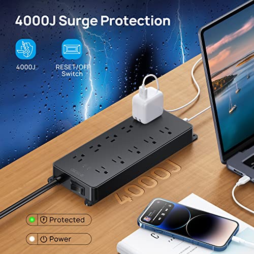 TROND Power Strip Surge Protector, 4000J, ETL Listed, Flat Plug 5ft | 10 Widely Spaced Outlets with 2 USB A and 2 USB C, Wall Mountable, 1875W/15A, for Home Office Garage, Black