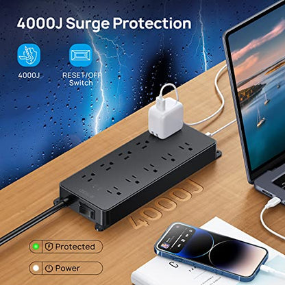 TROND Power Strip Surge Protector, 4000J, ETL Listed, Flat Plug 5ft | 10 Widely Spaced Outlets with 2 USB A and 2 USB C, Wall Mountable, 1875W/15A, for Home Office Garage, Black