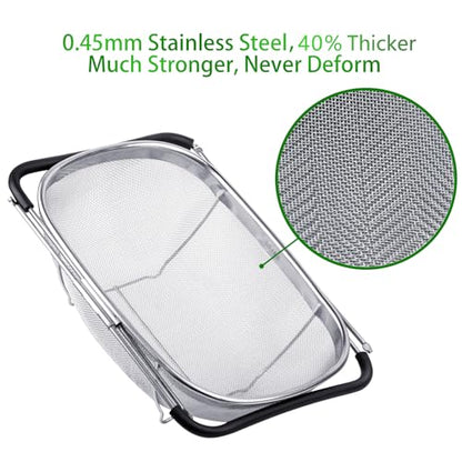 Tiawudi 6-Quart Large Over The Sink Colander, Heavy Duty 40% Thicker 18/8 Stainless Steel Fine Mesh Strainer Basket with Expandable Rubber Grip Handles - Strain, Drain, Rinse Fruits, Vegetables