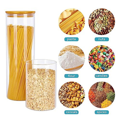 Vtopmart Glass Food Storage Jars, 7 Pack Kitchen Containers with Airtight Bamboo Wooden Lids for Pasta, Cookies, Nuts, Coffee Beans, Cereal, Canisters Set for Flour, Pantry Organization, BPA Free