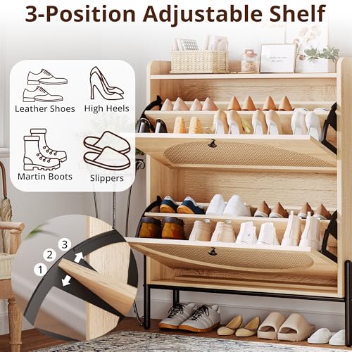 IRONCK Rattan Shoe Cabinet Storage with 2 Flip Drawers, Oak | Free Standing Wooden Shoe Storage Organizer Cabinet with Rattan Doors for Entryway, Narrow Shoe Rack Cabinet