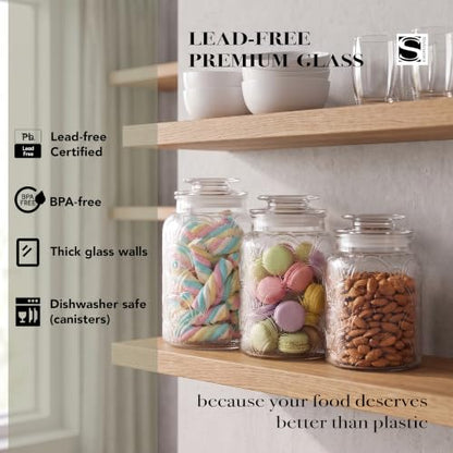 Style Setter Canister Set 3-Piece Glass Jars in 34oz, 44oz & 54oz Retro Design Lids for Cookies, Candy, Coffee, Flour, Sugar, Rice, Pasta, Cereal & More