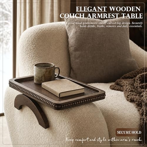 EOSAHR Couch Tray with Beads for Drink: Sofa Arm Tray for Home Decor, Brown