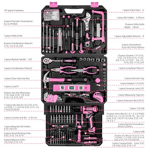 Pink Tool Kit Box Drill Set：DEKOPRO Home Mechanic Toolbox with 12V Power Cordless Drill Hand Repair Tools Sets Combo Kits Storage Organizer Drawer Case for Men & Women