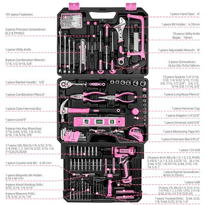 Pink Tool Kit Box Drill Set：DEKOPRO Home Mechanic Toolbox with 12V Power Cordless Drill Hand Repair Tools Sets Combo Kits Storage Organizer Drawer Case for Men & Women