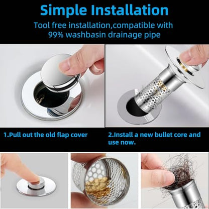 Bathroom Sink Drain Strainer 2 Pack,Bathroom Sink Stopper with Pop-Up Drain and Removable Hair Catcher, Stainless Steel Filter Basket, Fits Standard US Bathroom Sinks