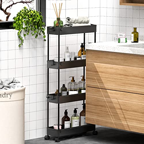 SPACEKEEPER Slim Rolling Storage Cart, 4 Tier Bathroom Cart Organizer,Black | Narrow Rolling Cart with Wheels for Kitchen Office Bathroom Laundry Room,Mobile Utility Cart for Craft Art Makeup Nail Polish