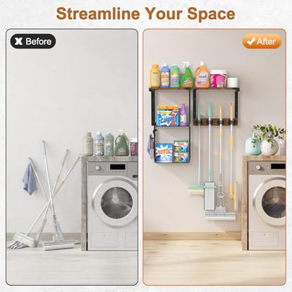 Housolution Wall Mount Broom Holder Laundry Room Storage Organizer Shelves | Thickened Metal Frame, 100 LBS High Load-Bearing, Large Capacity, Multifunctional with 2 Baskets, 4 Grippers & Hooks