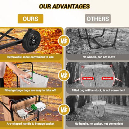 CAROD Upgraded Trash Bag Holder Cart with Storage Basket and Ergonomic Handle, Adjustable Outdoor Leaf Bag Holder from 30-45 Gallon Capacity, Ideal for Yard Clean-Up, Camping, Parties,Leaf Collection